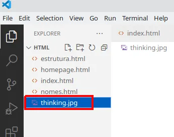Explorer do VS Code com o arquivo thinking.jpg destacado ao lado dos arquivos HTML