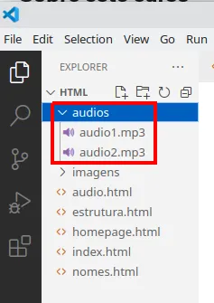 Explorer do VS Code com a pasta audios contendo audio1.mp3 e audio2.mp3