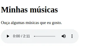 Página "Minhas músicas" com um player de áudio com botão play, tempo 0:00 / 2:11 e volume