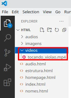 Explorer do VS Code com a pasta videos contendo tocando_violao.mp4