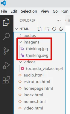 Explorer do VS Code com a pasta imagens contendo thinking.jpg e thinking.svg, destacados