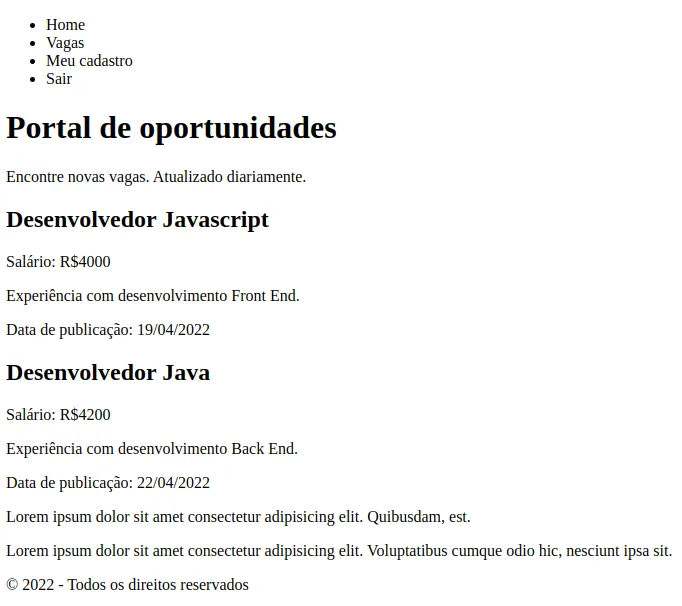 Página "Portal de oportunidades" com o menu em lista, duas vagas, os textos de anúncio e o rodapé