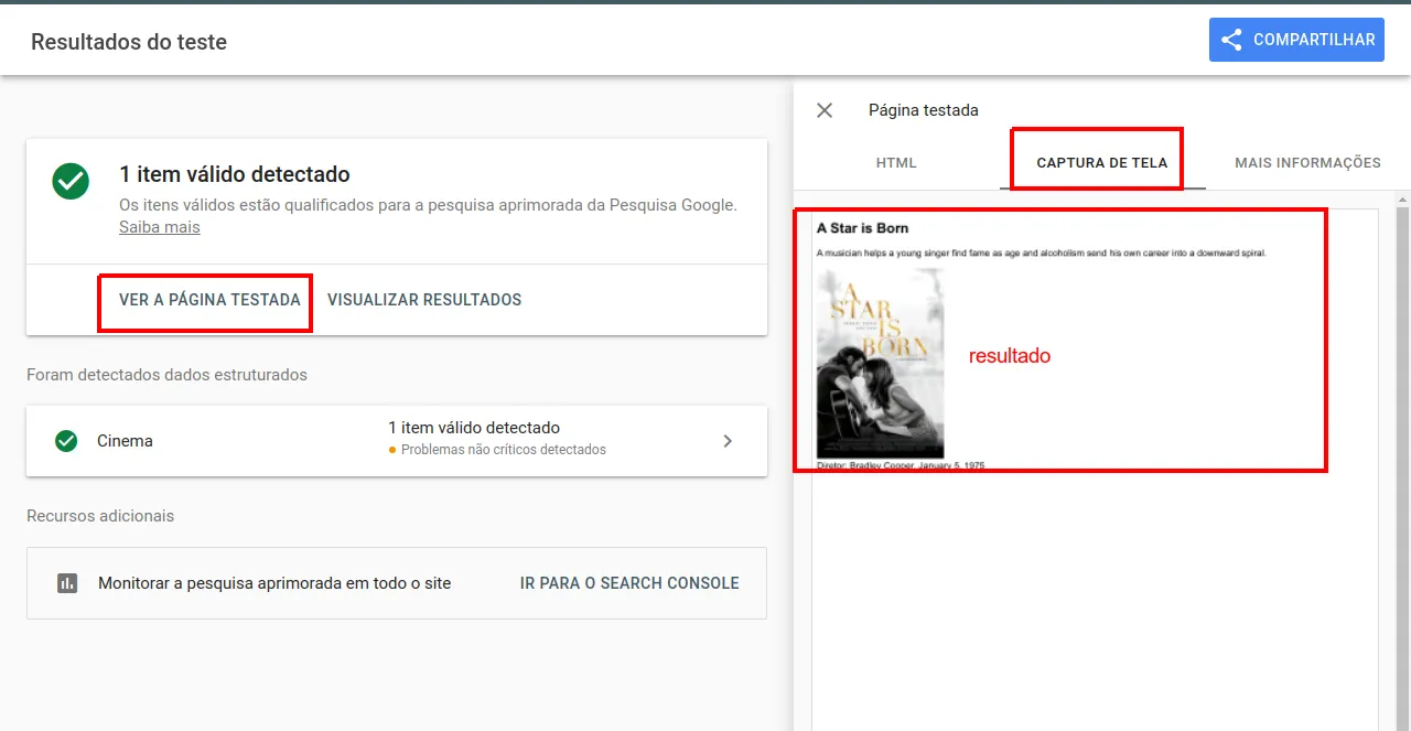 Resultado do teste do Google indicando 1 item válido detectado, com os botões VER A PÁGINA TESTADA e CAPTURA DE TELA destacados e, à direita, a captura da página com o título, o resumo e o cartaz do filme