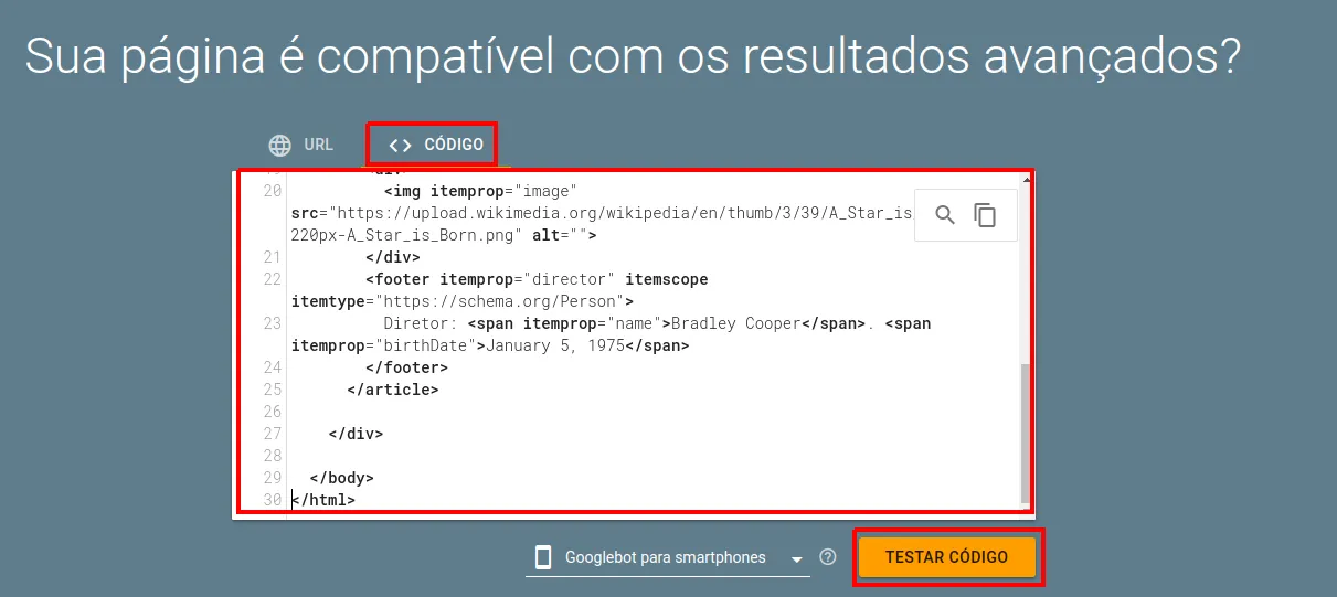 Tela "Sua página é compatível com os resultados avançados?" com a aba CÓDIGO destacada, o código HTML colado e o botão TESTAR CÓDIGO destacado