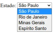 Rótulo "Estado:" e menu aberto com as opções São Paulo (selecionada), Rio de Janeiro, Minas Gerais e Espírito Santo