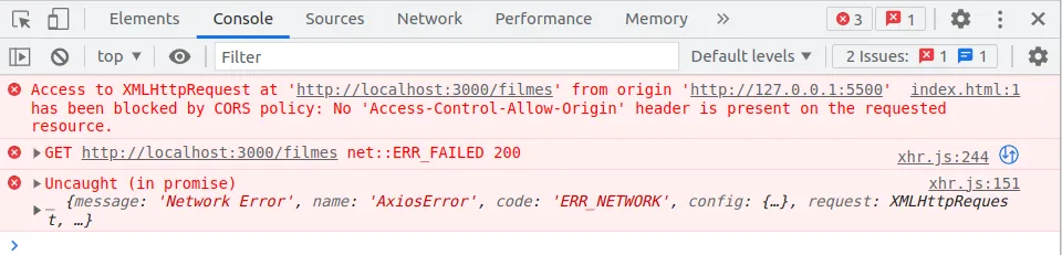 Console do Chrome exibindo o erro Access to XMLHttpRequest at localhost:3000/filmes has been blocked by CORS policy, seguido de net::ERR_FAILED e AxiosError Network Error
