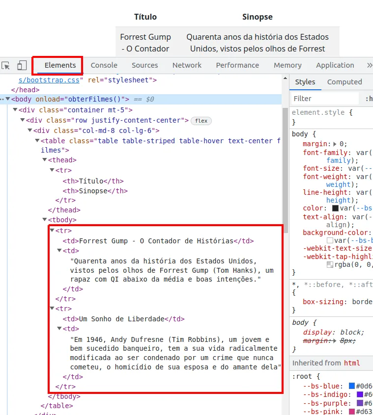 Aba Elements do Chrome Dev Tools com o tbody expandido, mostrando dois elementos tr com suas células td destacados