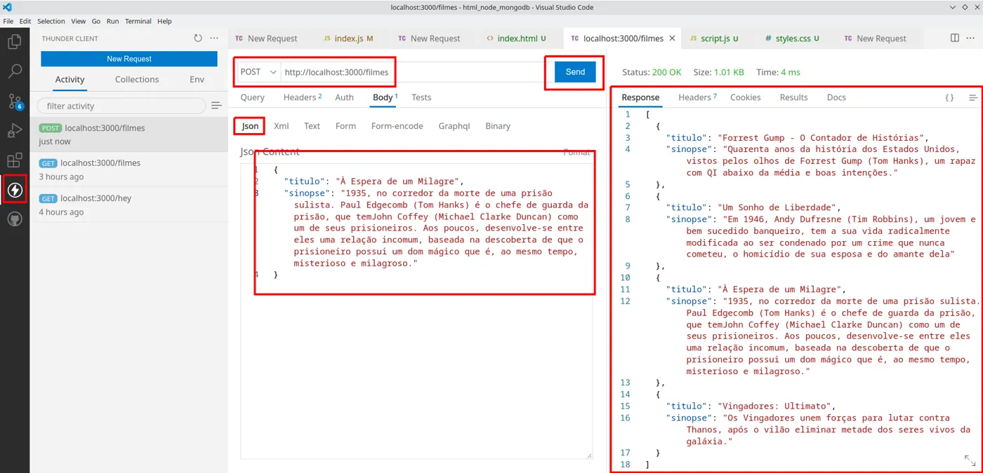 Thunder Client com a requisição POST para localhost:3000/filmes enviando À Espera de um Milagre e a resposta com a lista atualizada