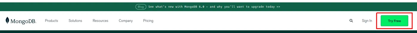 Barra superior do site do MongoDB com o botão Try Free destacado