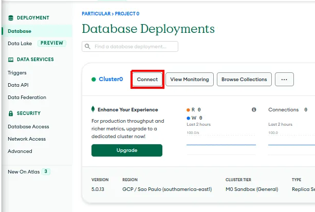 Página Database Deployments com o Cluster0 e o botão Connect destacado