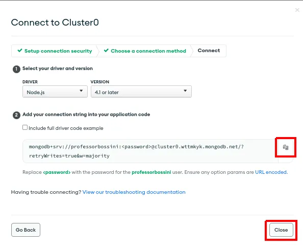 Janela Connect to Cluster0 com o driver Node.js versão 4.1 or later e a string de conexão mongodb+srv com o botão de copiar destacado