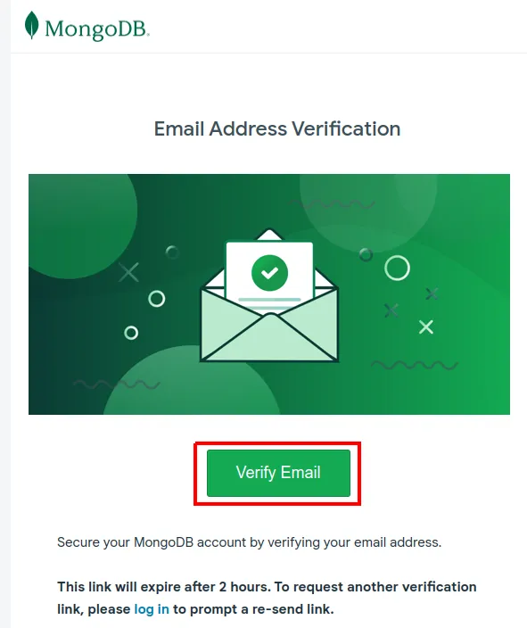 E-mail Email Address Verification do MongoDB com o botão Verify Email destacado