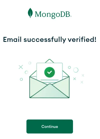 Tela Email successfully verified! com o botão Continue