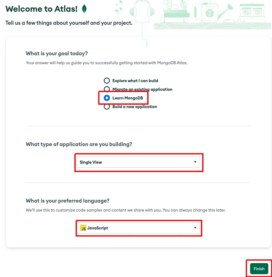 Tela Welcome to Atlas! com perguntas sobre o objetivo, o tipo de aplicação e a linguagem preferida, e o botão Finish destacados