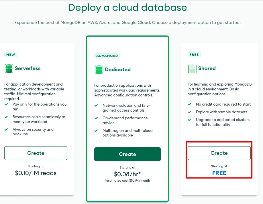 Tela Deploy a cloud database com as opções Serverless, Dedicated e Shared, com o botão Create da opção Shared FREE destacado