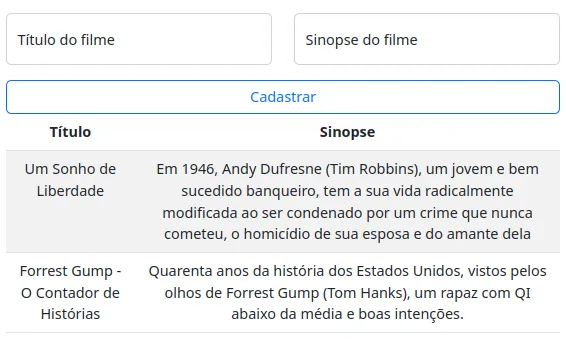 Aplicação de filmes com os campos Título do filme e Sinopse do filme, o botão Cadastrar e a tabela com dois filmes
