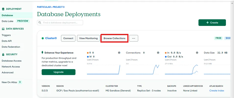 Página Database Deployments do Atlas com o botão Browse Collections do Cluster0 destacado
