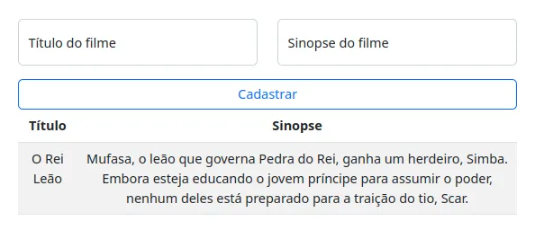 Aplicação de filmes exibindo apenas o filme O Rei Leão na tabela