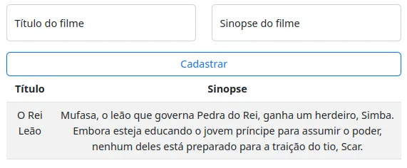 Aplicação de filmes carregada exibindo O Rei Leão, vindo do MongoDB