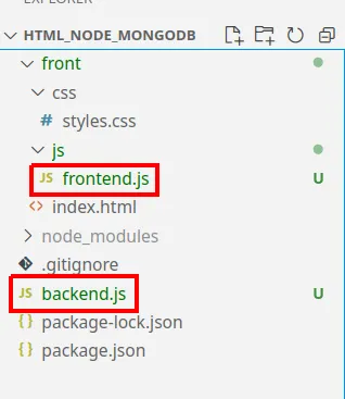 Explorador do VS Code com front/js/frontend.js e backend.js na raiz destacados