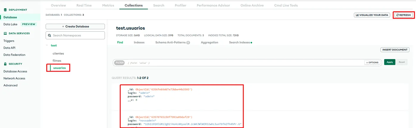 Coleção test.usuarios com o novo documento, cuja senha aparece como um hash do bcrypt