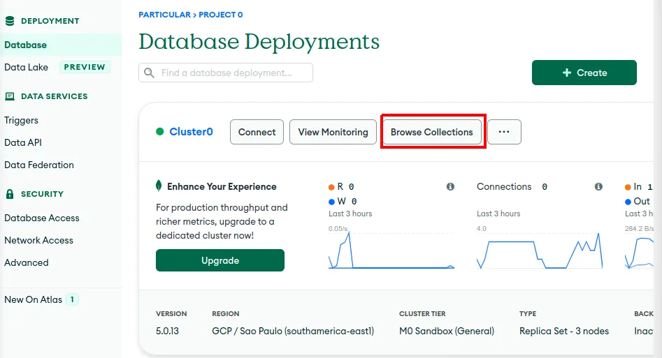 Página Database Deployments do Atlas com o botão Browse Collections destacado