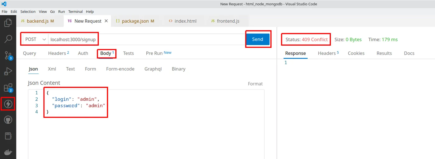 Thunder Client com a requisição POST para localhost:3000/signup com login admin e a resposta 409 Conflict destacada