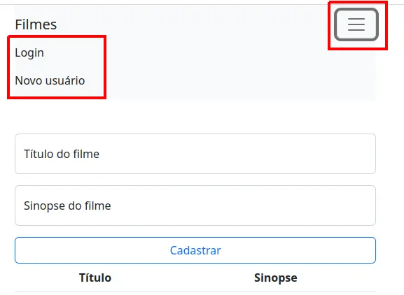 Tela estreita com o menu expandido pelo botão hambúrguer, mostrando os itens Login e Novo usuário