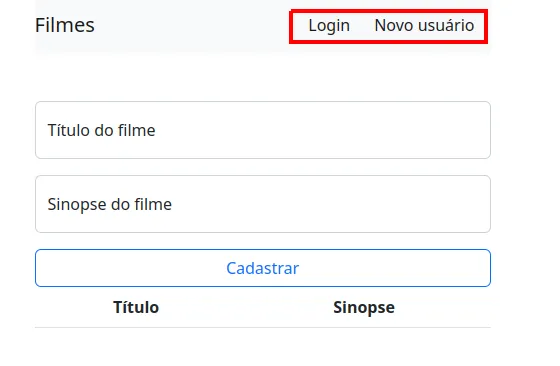 Tela média com a barra de navegação exibindo Login e Novo usuário à direita