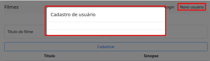 Modal Cadastro de usuário aberto sobre a página, ainda sem campos, após clicar em Novo usuário