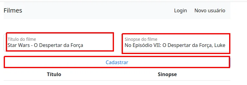 Campos Título do filme e Sinopse do filme preenchidos com Star Wars - O Despertar da Força e o botão Cadastrar destacado