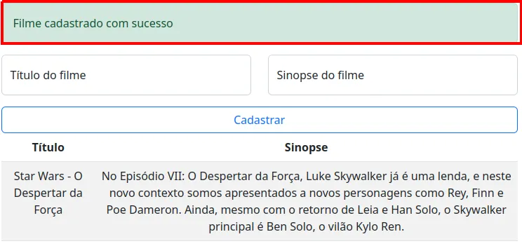 Alerta verde Filme cadastrado com sucesso acima dos campos, com o novo filme na tabela