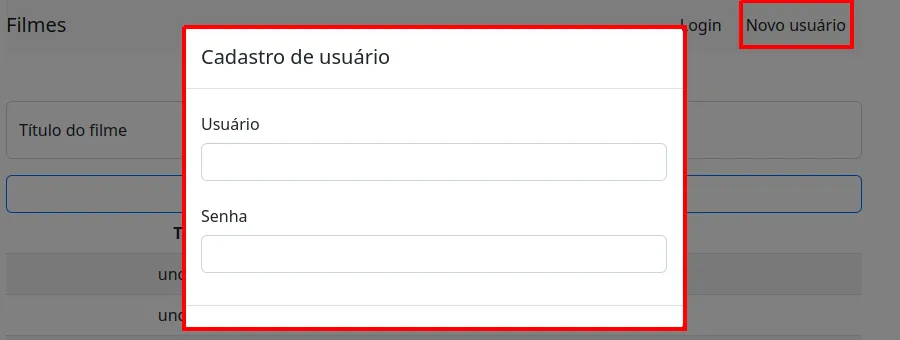 Modal Cadastro de usuário com os campos Usuário e Senha