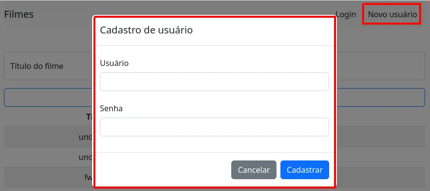 Modal Cadastro de usuário com os campos Usuário e Senha e os botões Cancelar e Cadastrar no rodapé