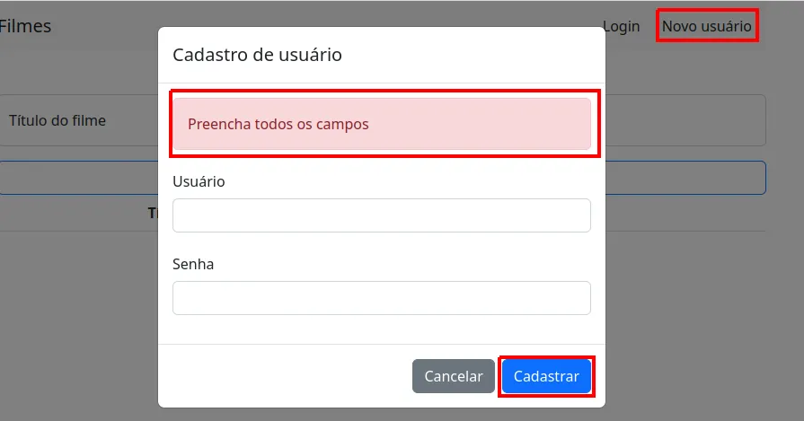 Modal Cadastro de usuário exibindo o alerta vermelho Preencha todos os campos
