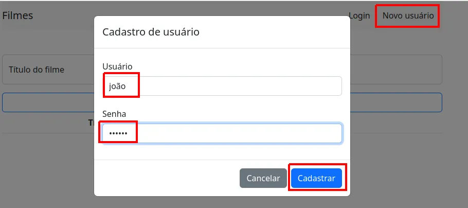 Modal Cadastro de usuário preenchido com o usuário joão e uma senha, com o botão Cadastrar destacado