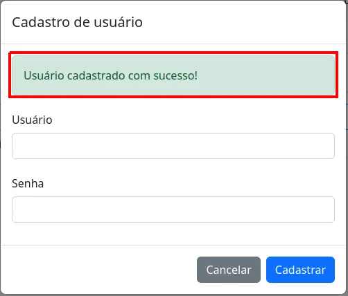 Modal Cadastro de usuário exibindo o alerta verde Usuário cadastrado com sucesso!