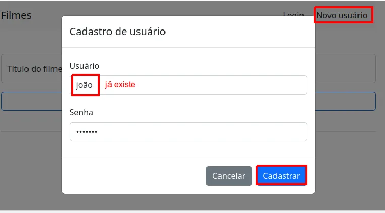 Modal Cadastro de usuário com o usuário joão, que já existe, e o botão Cadastrar destacado