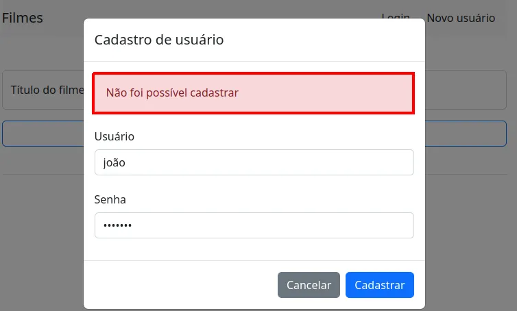 Modal Cadastro de usuário exibindo o alerta vermelho Não foi possível cadastrar