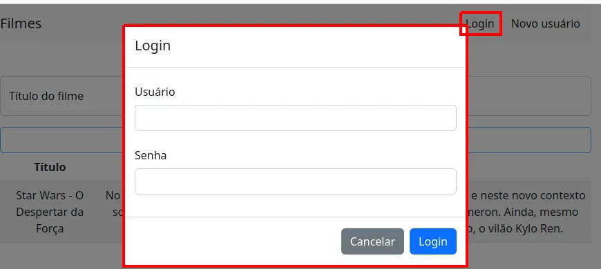 Modal Login aberto com os campos Usuário e Senha e os botões Cancelar e Login