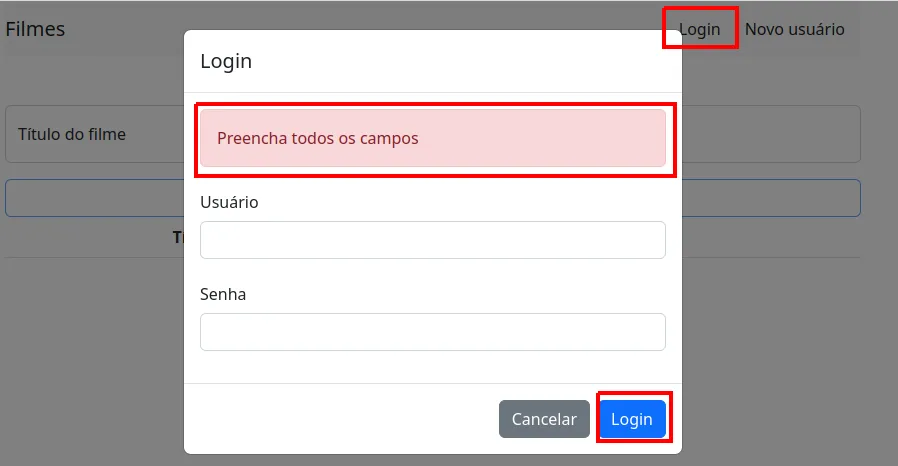 Modal Login exibindo o alerta vermelho Preencha todos os campos