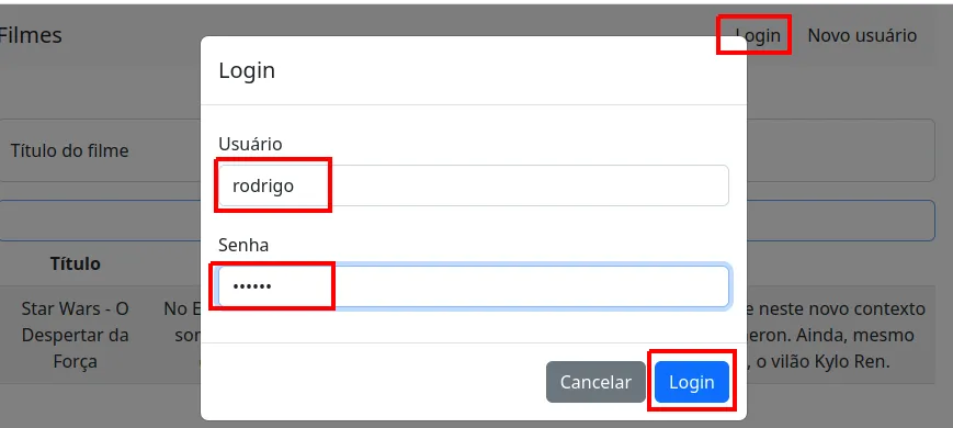 Modal Login preenchido com o usuário rodrigo e uma senha, com o botão Login destacado