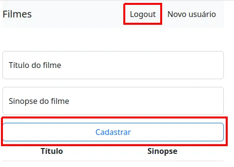 Barra de navegação exibindo Logout e o botão Cadastrar habilitado, ambos destacados