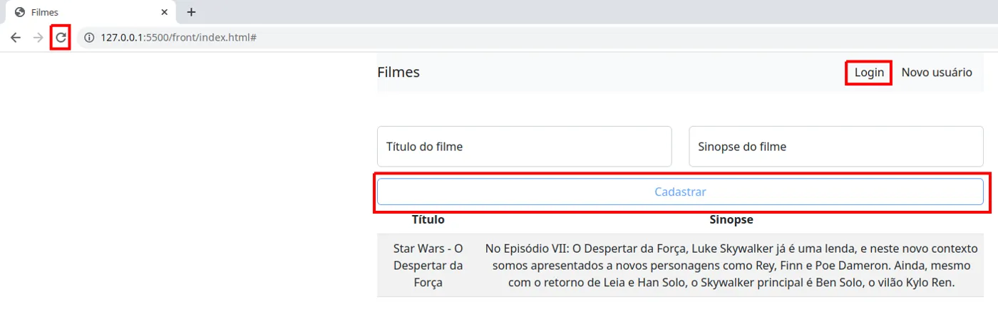 Página recarregada exibindo novamente Login na barra de navegação e o botão Cadastrar desabilitado