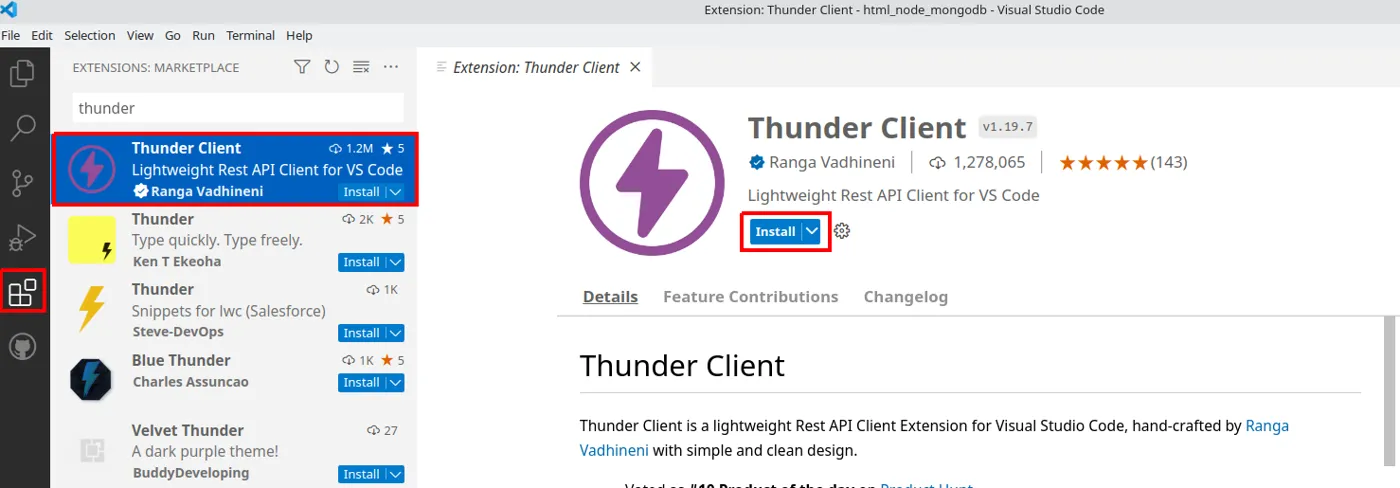 Menu de extensões do VS Code com a busca por Thunder Client e o botão de instalação destacado