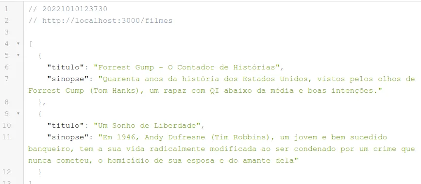 Navegador exibindo em localhost:3000/filmes o JSON formatado com os dois filmes, cada um com titulo e sinopse