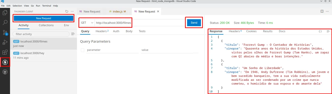 Thunder Client com uma requisição GET para localhost:3000/filmes e a resposta com a lista de filmes em JSON