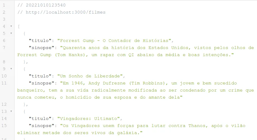 Navegador exibindo em localhost:3000/filmes os três filmes, incluindo Vingadores: Ultimato