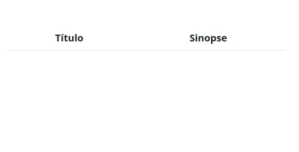 Página com uma tabela vazia contendo apenas os cabeçalhos Título e Sinopse