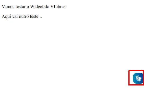 Página com os dois parágrafos de teste e o ícone azul do VLibras destacado no canto inferior direito
